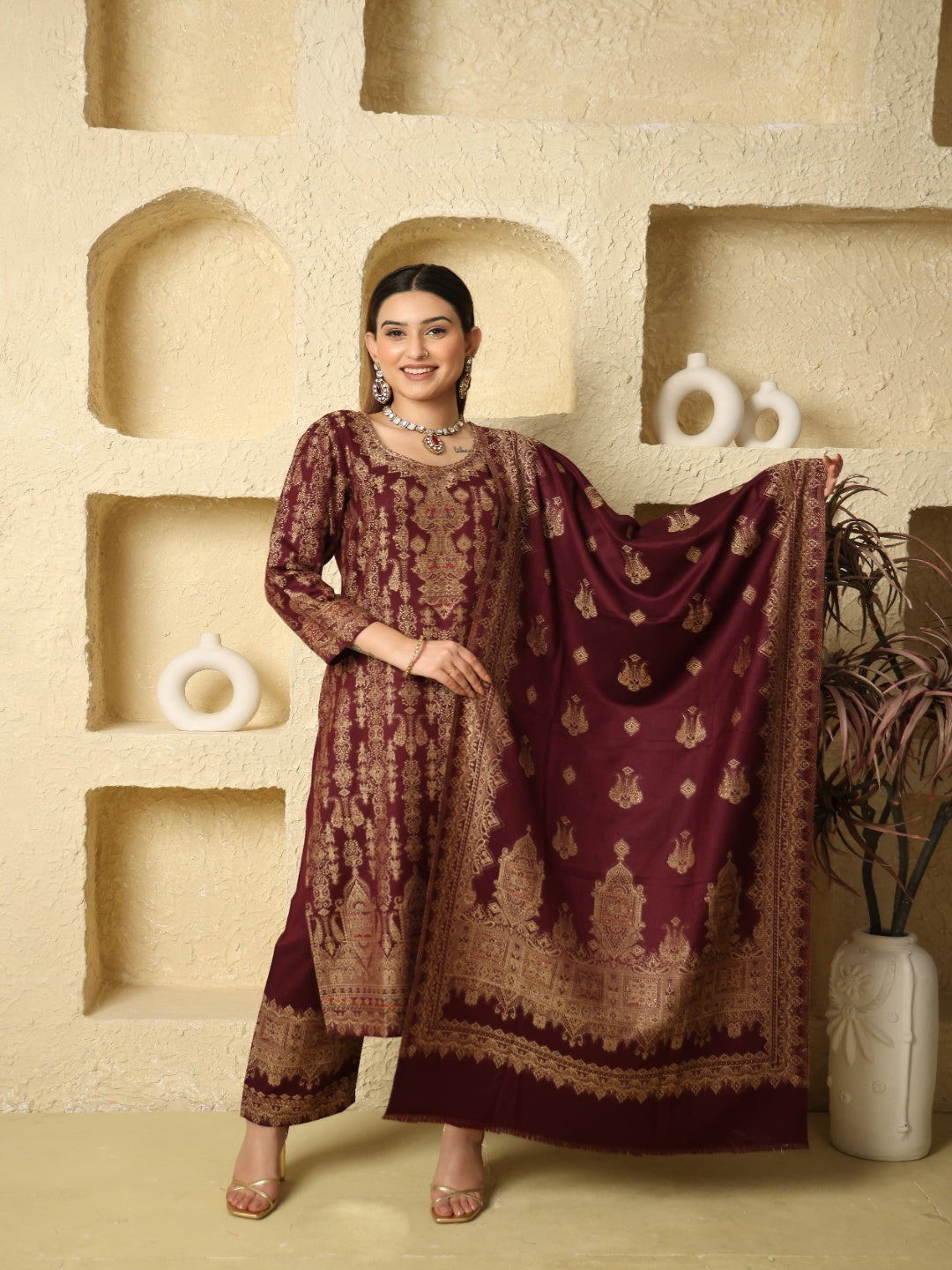 Kidar's Wine Acrylic Woolen Kurta Set