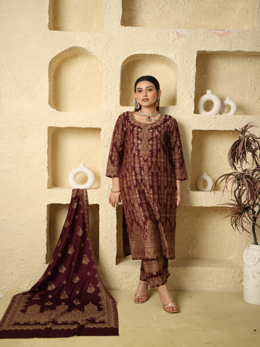 Kidar's Wine Acrylic Woolen Kurta Set