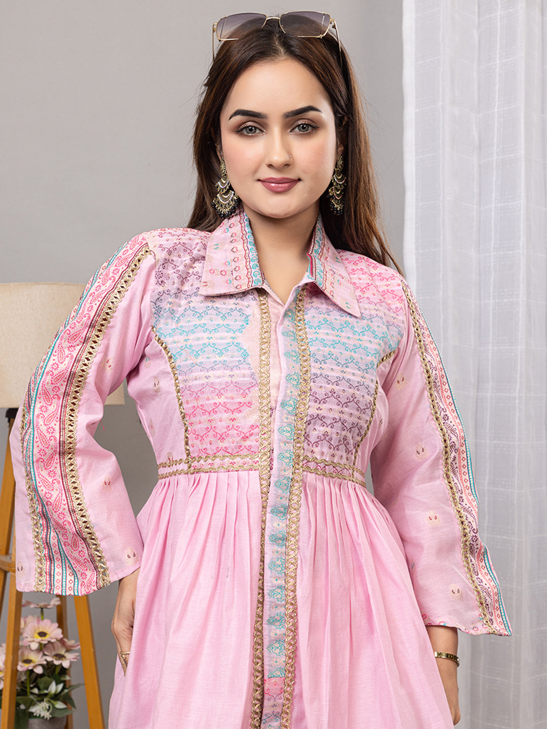 Kidar Pink Flared Co-Ord Set with Detailed Borders