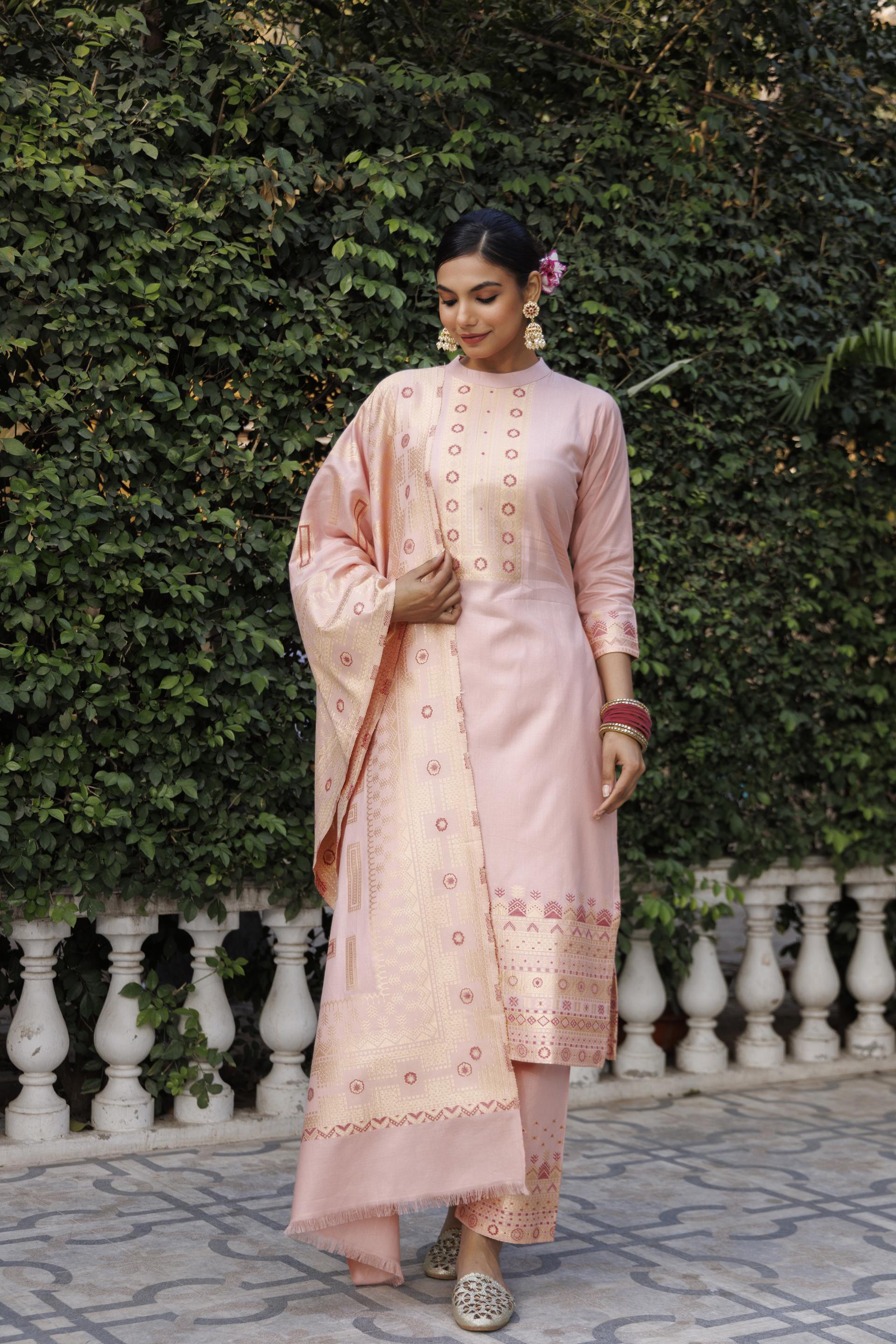 Kidar Mandarin Collar Pant Suit with Weave Dupatta - Mid Peach