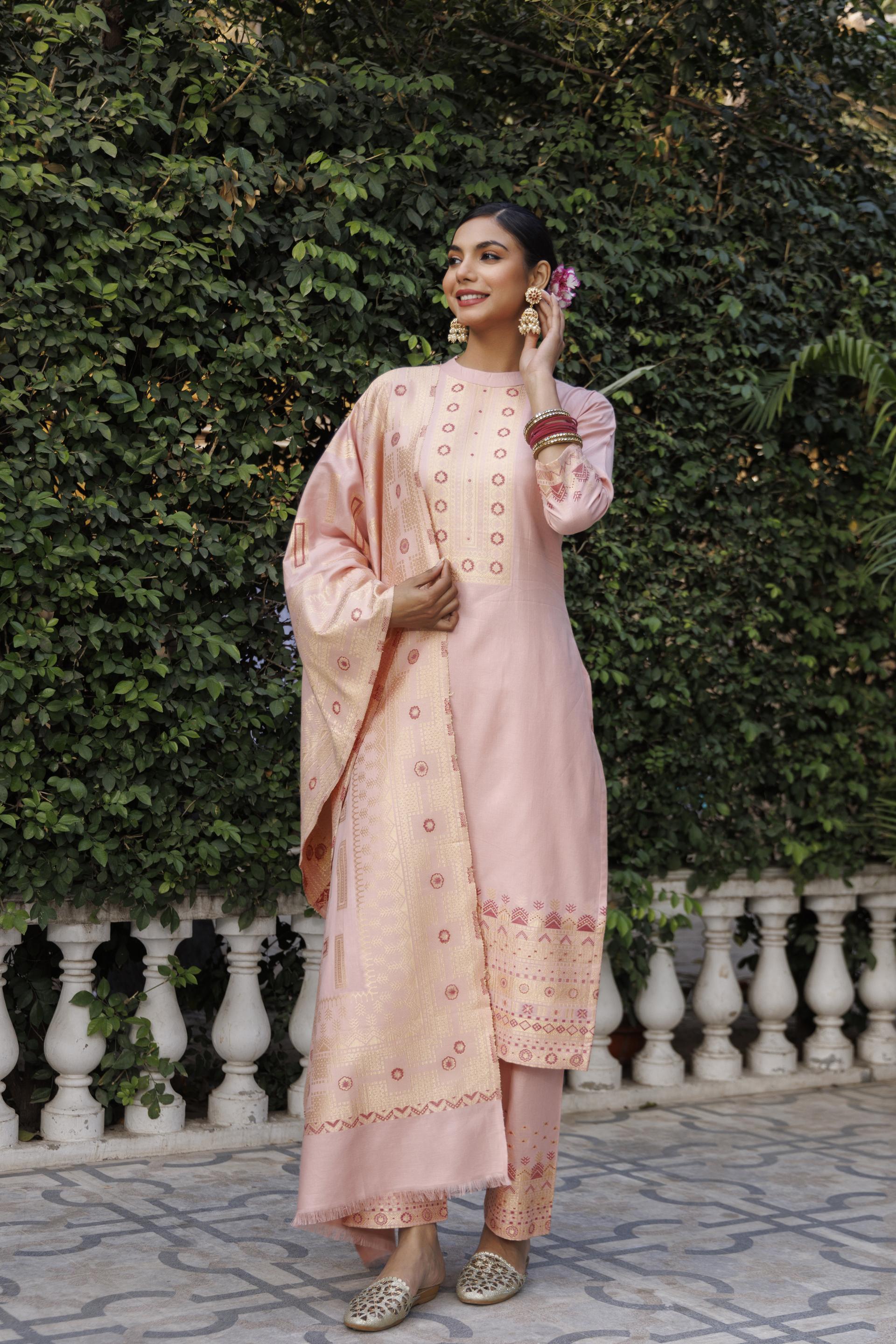 Kidar Mandarin Collar Pant Suit with Weave Dupatta - Mid Peach