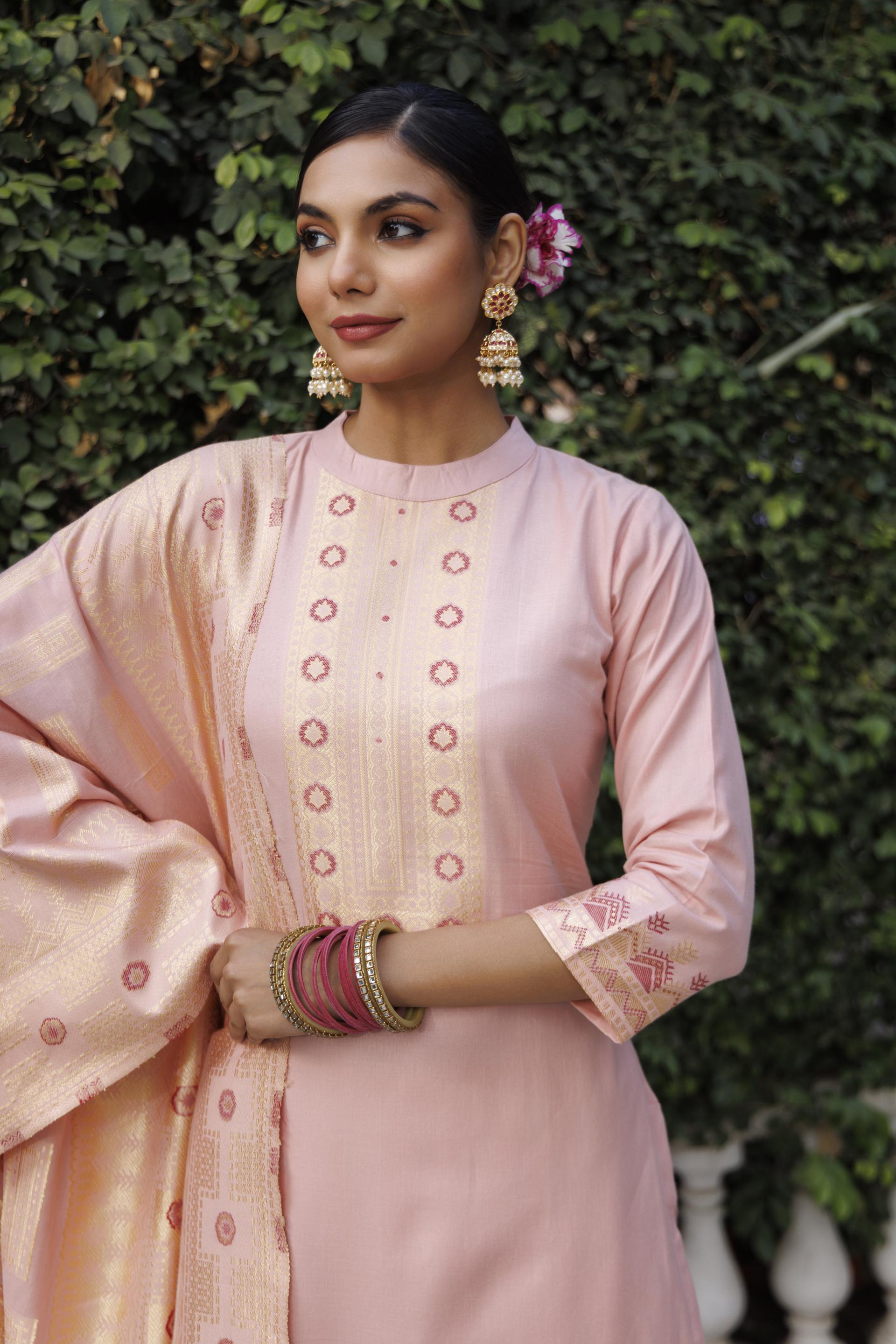 Kidar Mandarin Collar Pant Suit with Weave Dupatta - Mid Peach