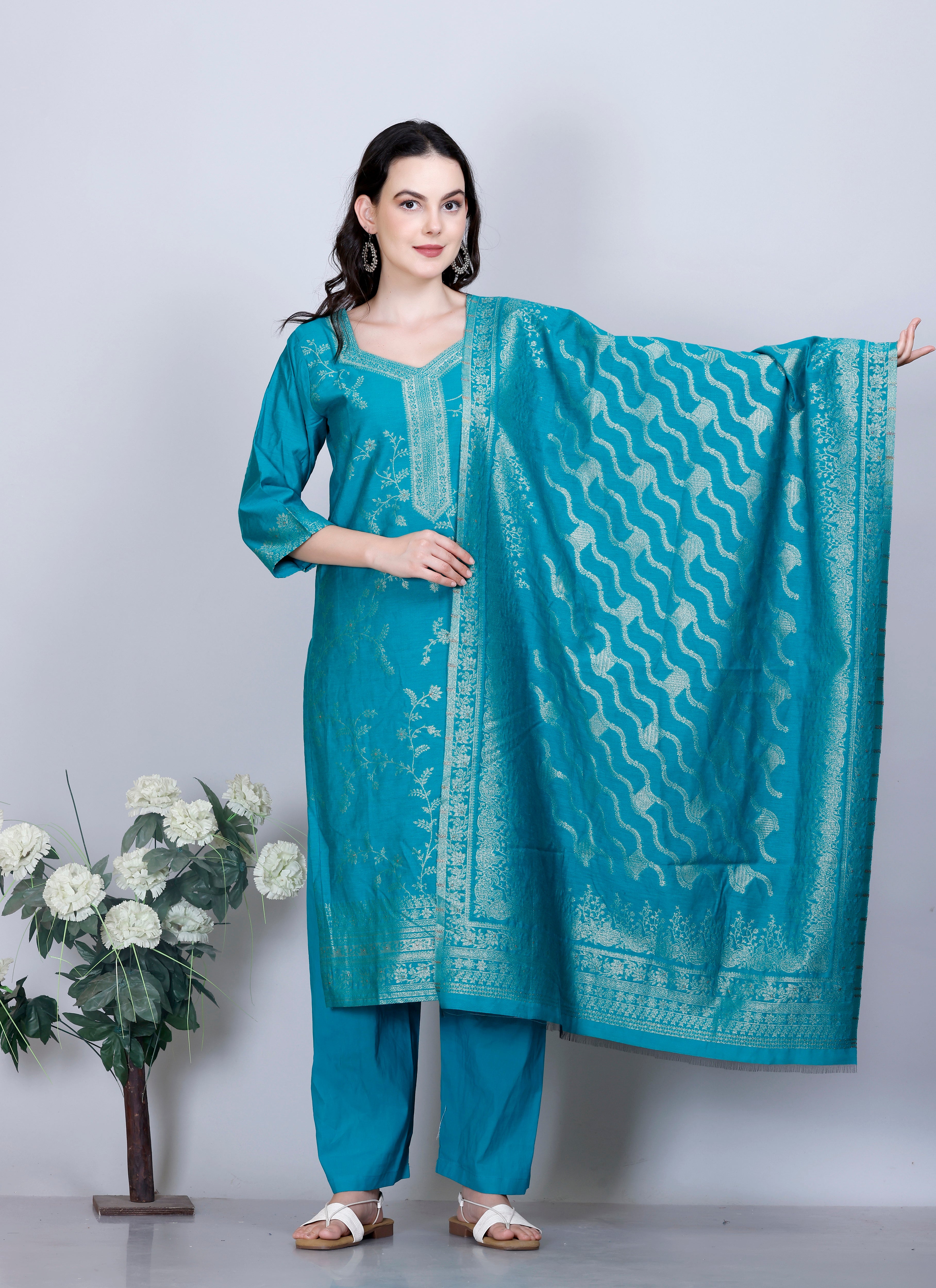 Kidar Ethnic Weave & Embordered Straight Kurta with Pant & Dupatta - NEW GREEN