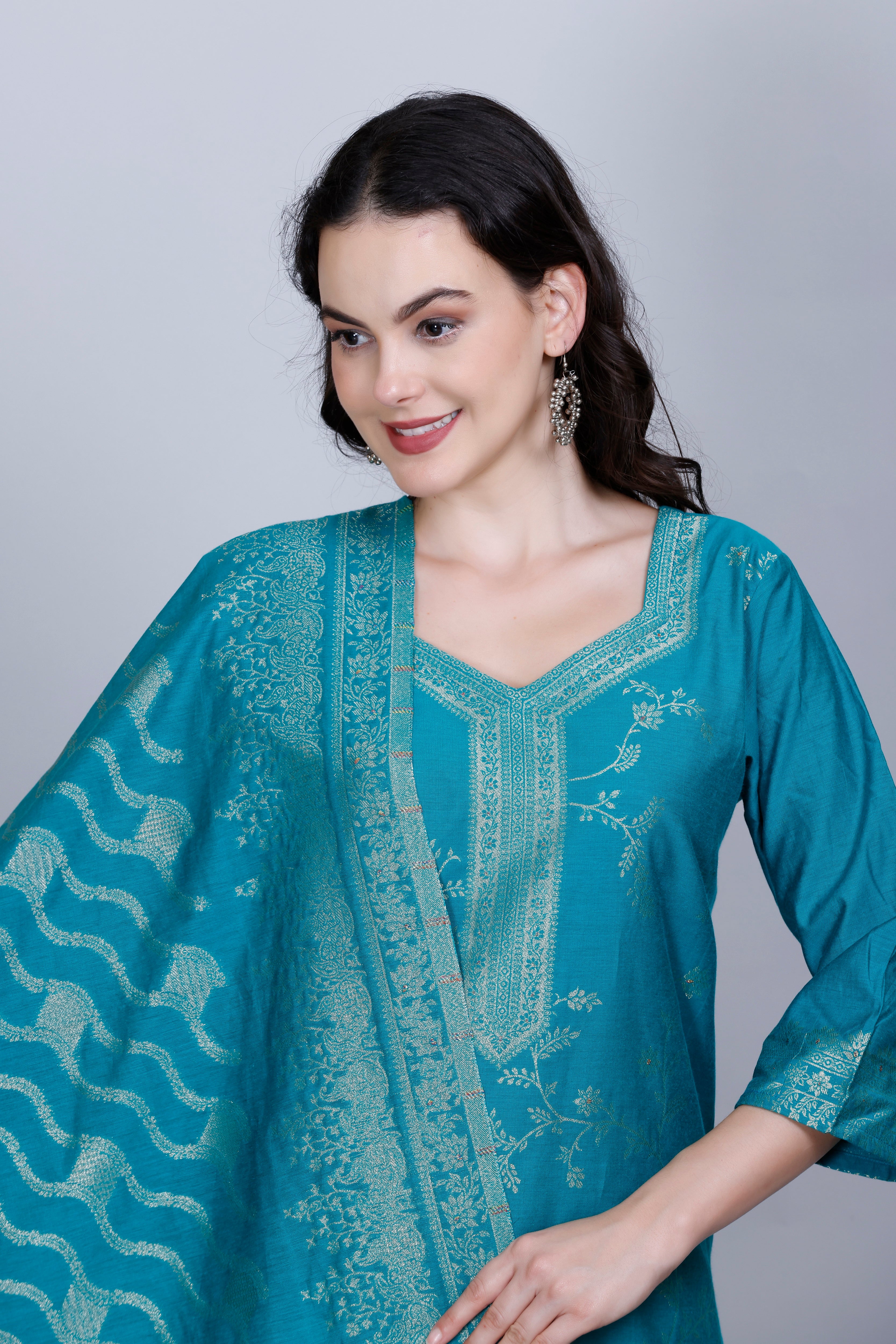 Kidar Ethnic Weave & Embordered Straight Kurta with Pant & Dupatta - NEW GREEN