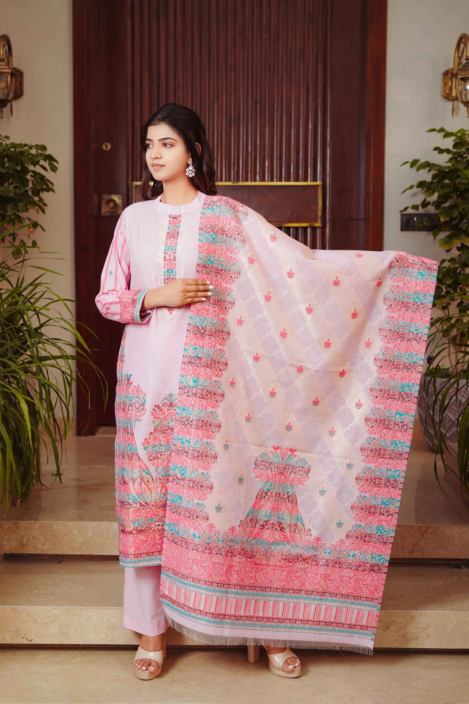 Kidar Floral Weave Kurta with Pants & Dupatta - Pink