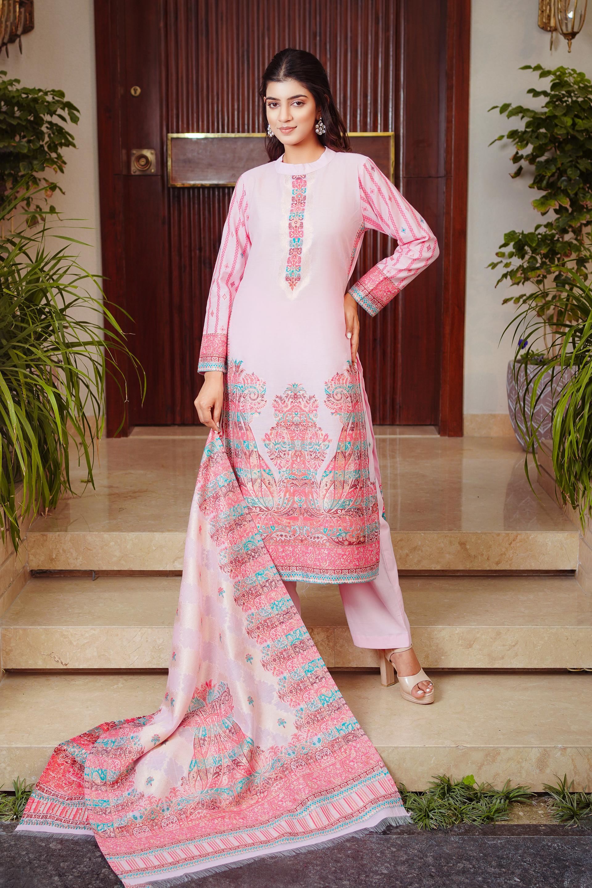 Kidar Floral Weave Kurta with Pants & Dupatta - Pink