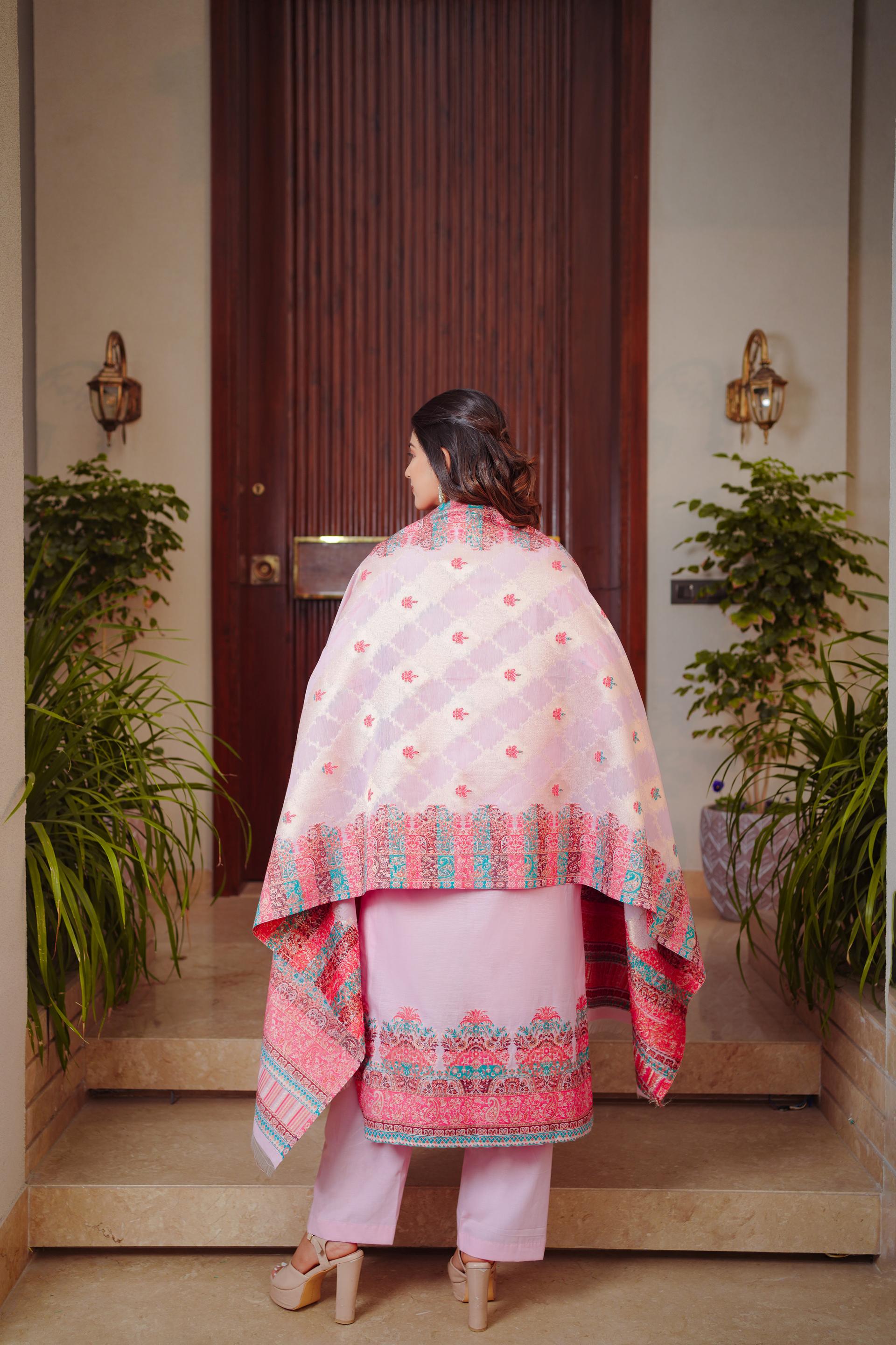 Kidar Floral Weave Kurta with Pants & Dupatta - Pink