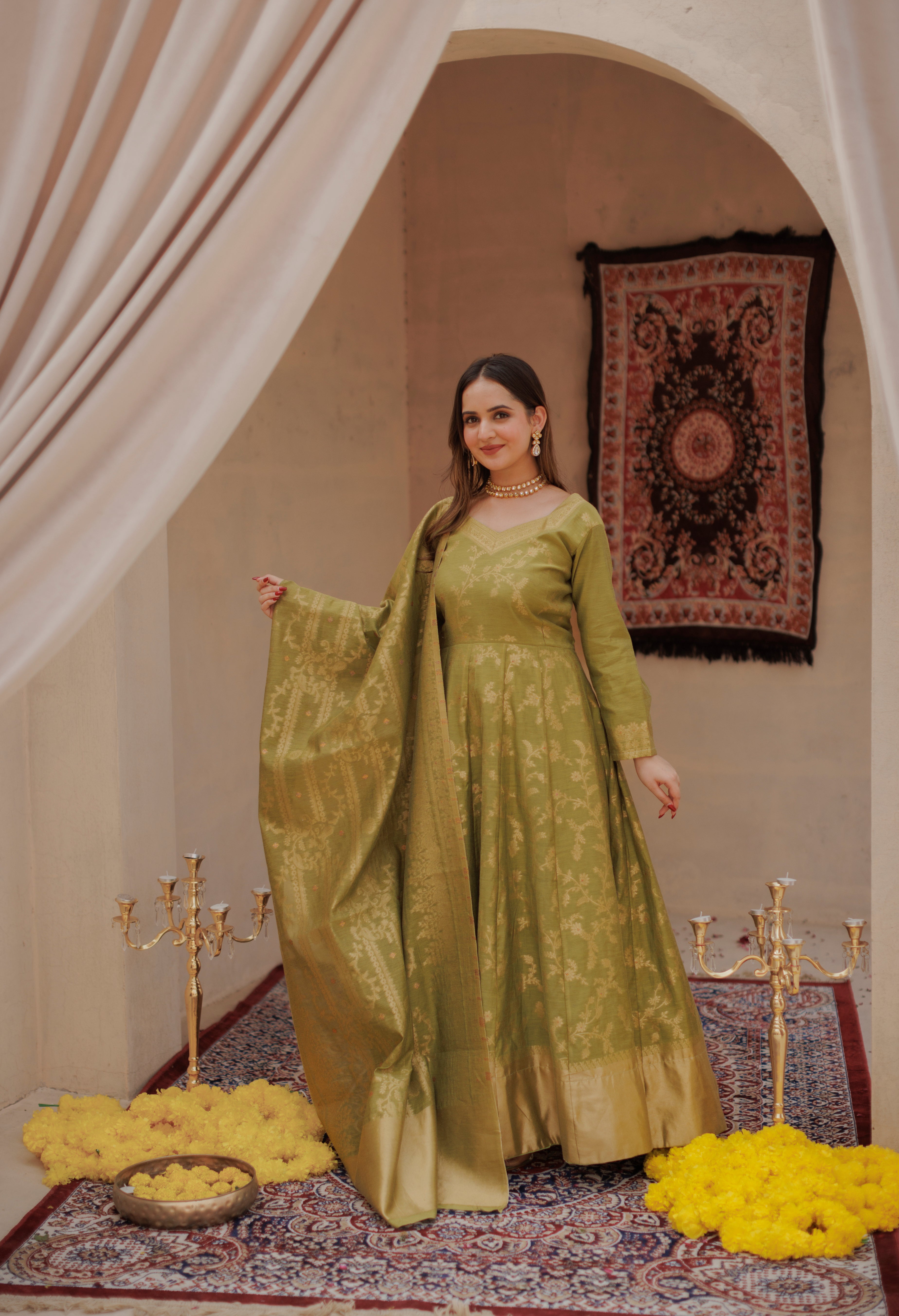 Kidar Olive Color Silk Sequin Embellished Anarkali Set