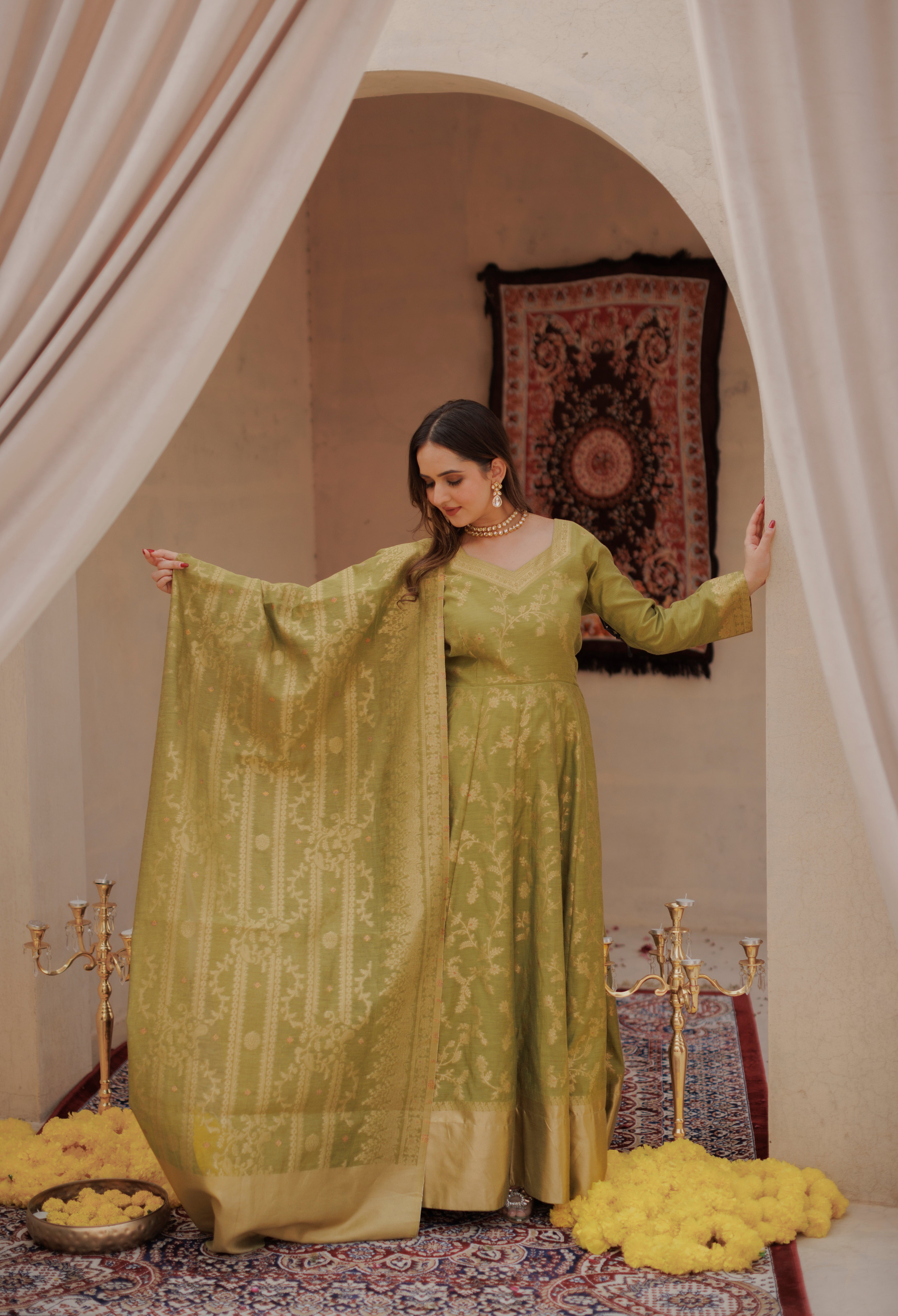 Kidar Olive Color Silk Sequin Embellished Anarkali Set