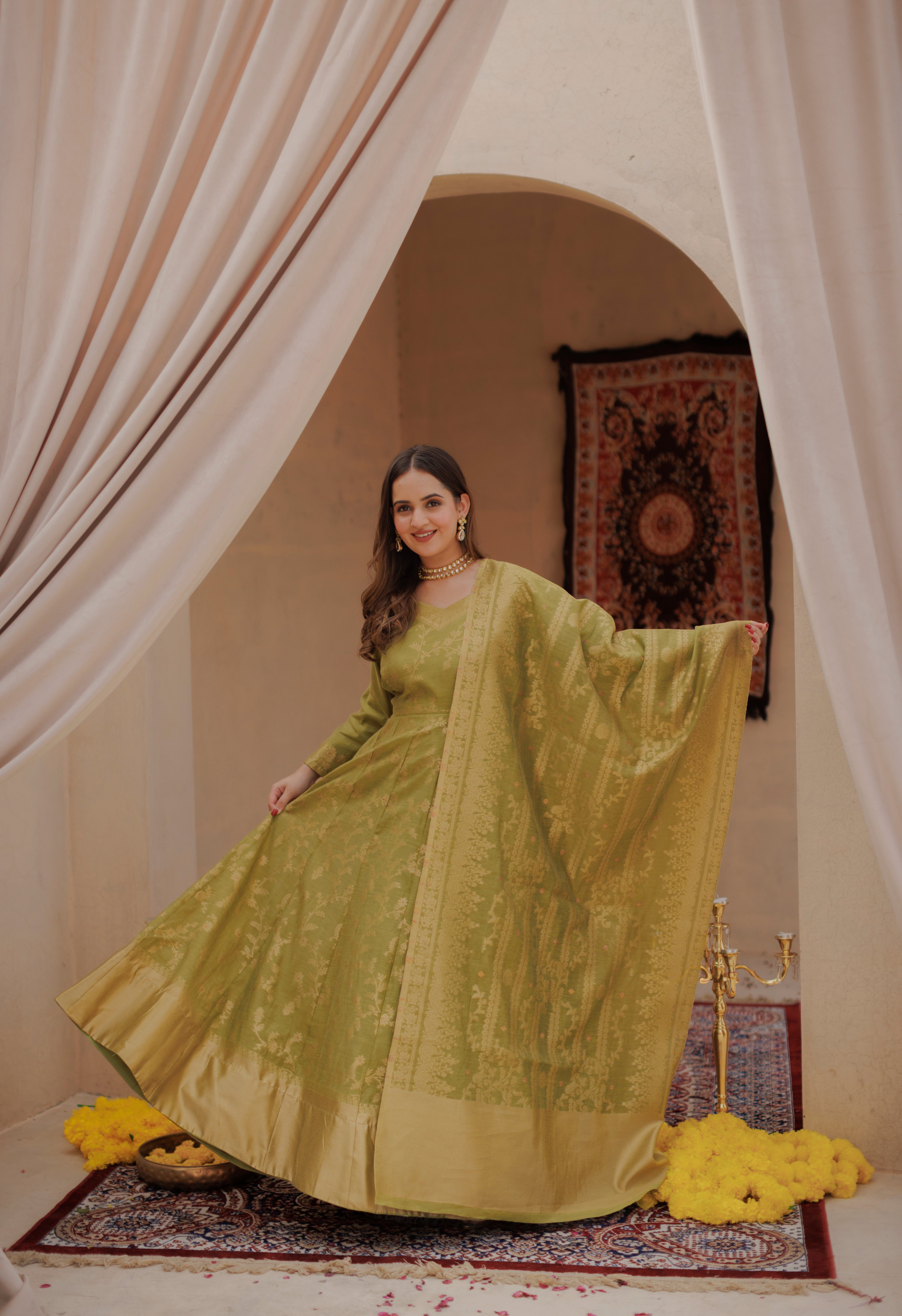 Kidar Olive Color Silk Sequin Embellished Anarkali Set