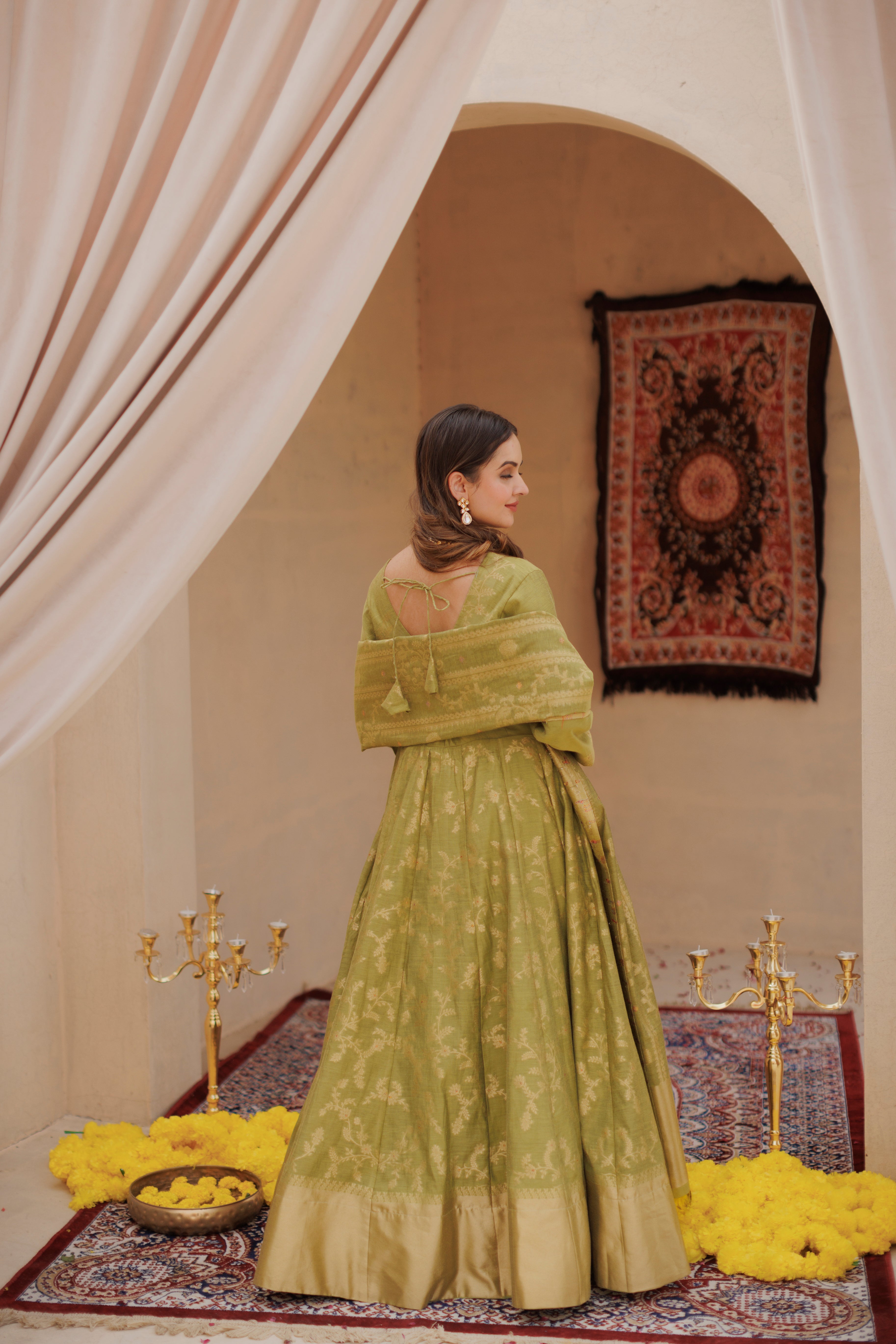 Kidar Olive Color Silk Sequin Embellished Anarkali Set