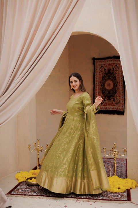 Kidar Olive Color Silk Sequin Embellished Anarkali Set