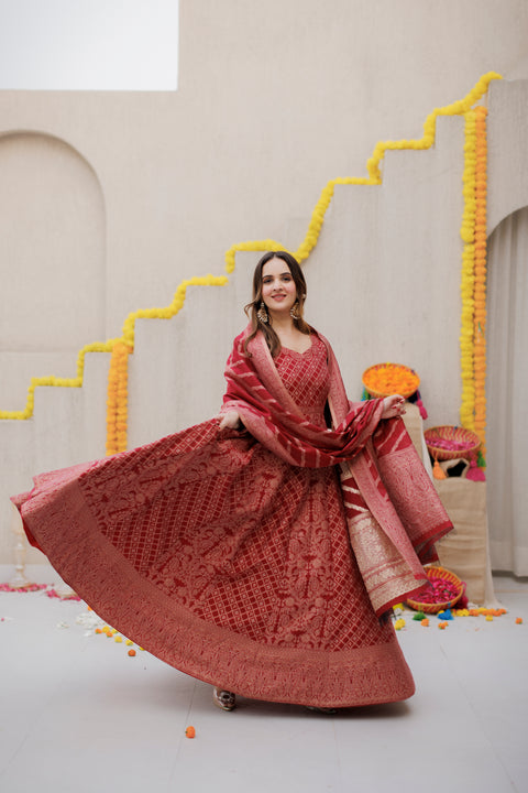 Kidar Mehroon Silk Sequin Embellished Anarkali Set