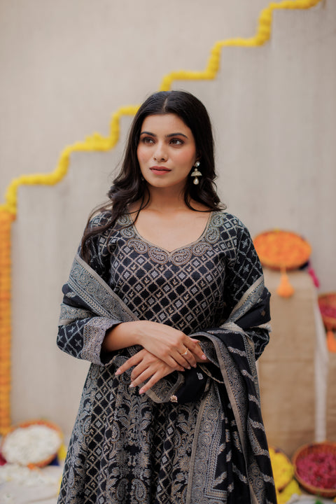 Kidar Black Silk Sequin Embellished Anarkali Set