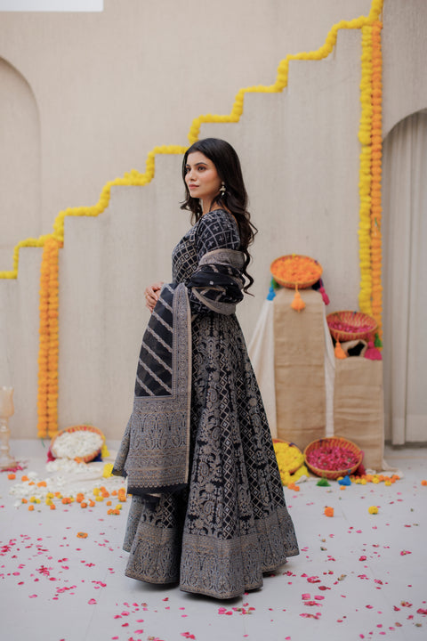 Kidar Black Silk Sequin Embellished Anarkali Set
