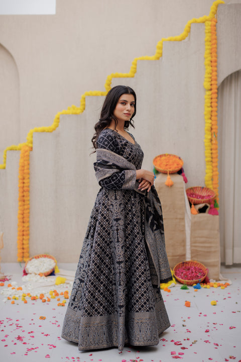 Kidar Black Silk Sequin Embellished Anarkali Set
