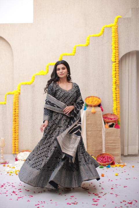 Kidar Black Silk Sequin Embellished Anarkali Set