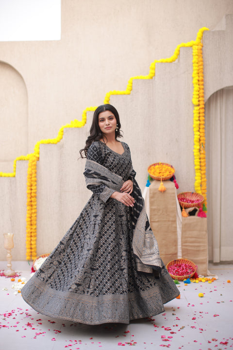 Kidar Black Silk Sequin Embellished Anarkali Set