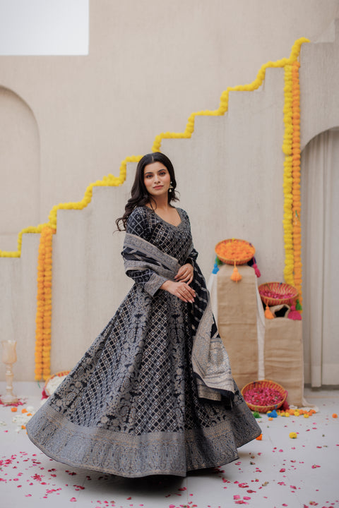 Kidar Black Silk Sequin Embellished Anarkali Set