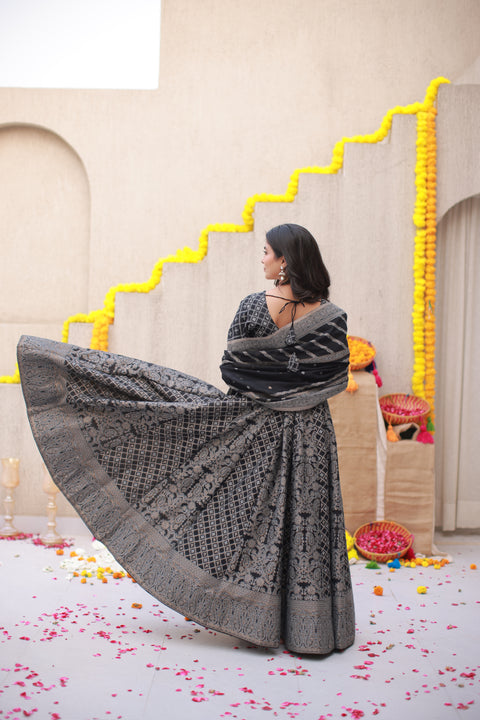 Kidar Black Silk Sequin Embellished Anarkali Set