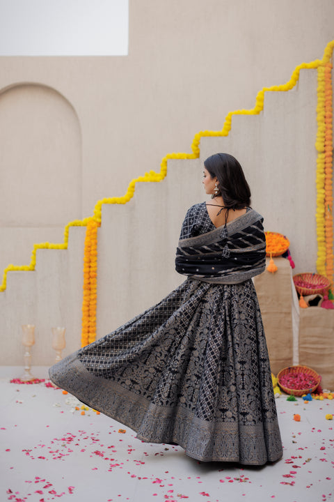 Kidar Black Silk Sequin Embellished Anarkali Set