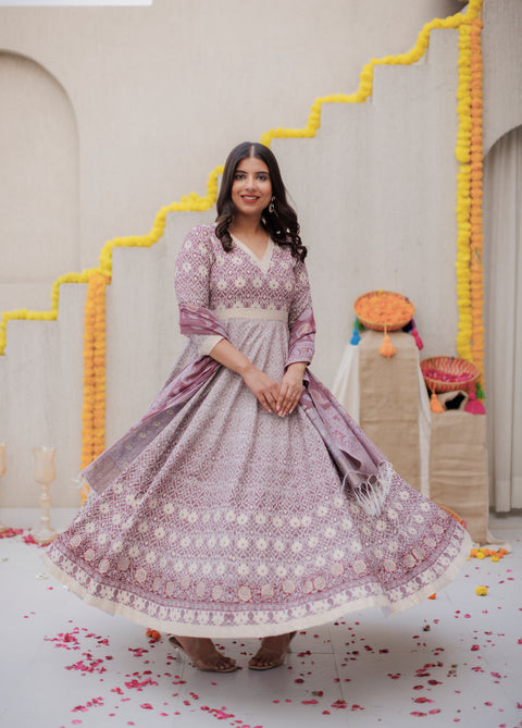 Kidar White Silk Sequin Embellished Anarkali Set