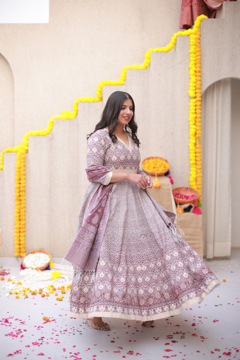 Kidar White Silk Sequin Embellished Anarkali Set