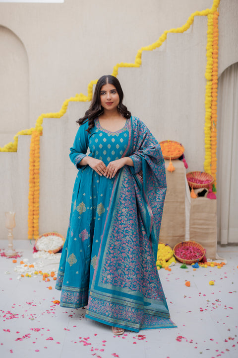 Kidar New Green Silk Sequin Embellished Anarkali Set