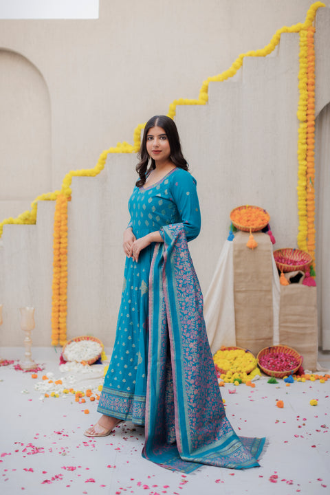 Kidar New Green Silk Sequin Embellished Anarkali Set
