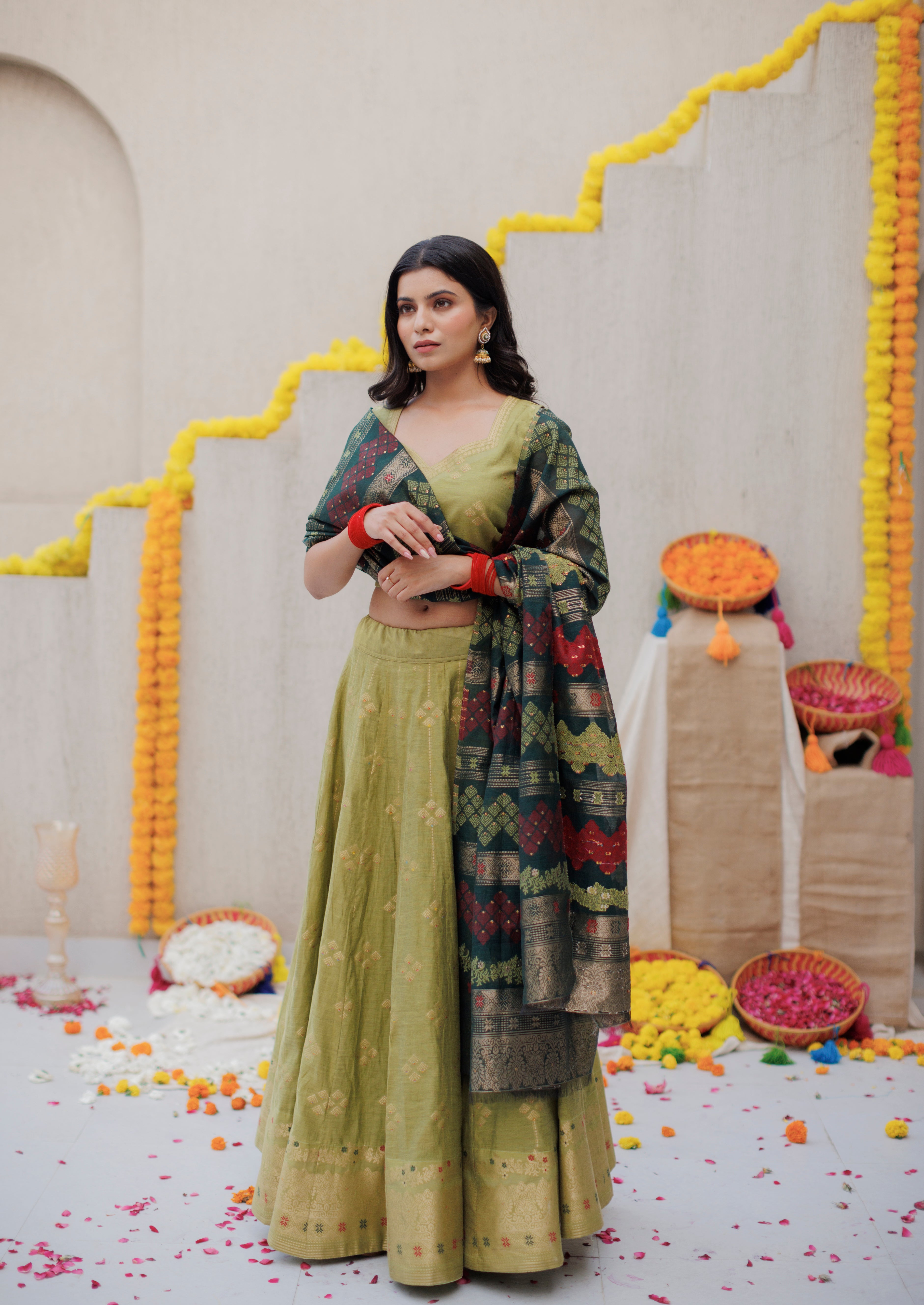 Kidar Olive Color Cotton Silk Lehenga Set