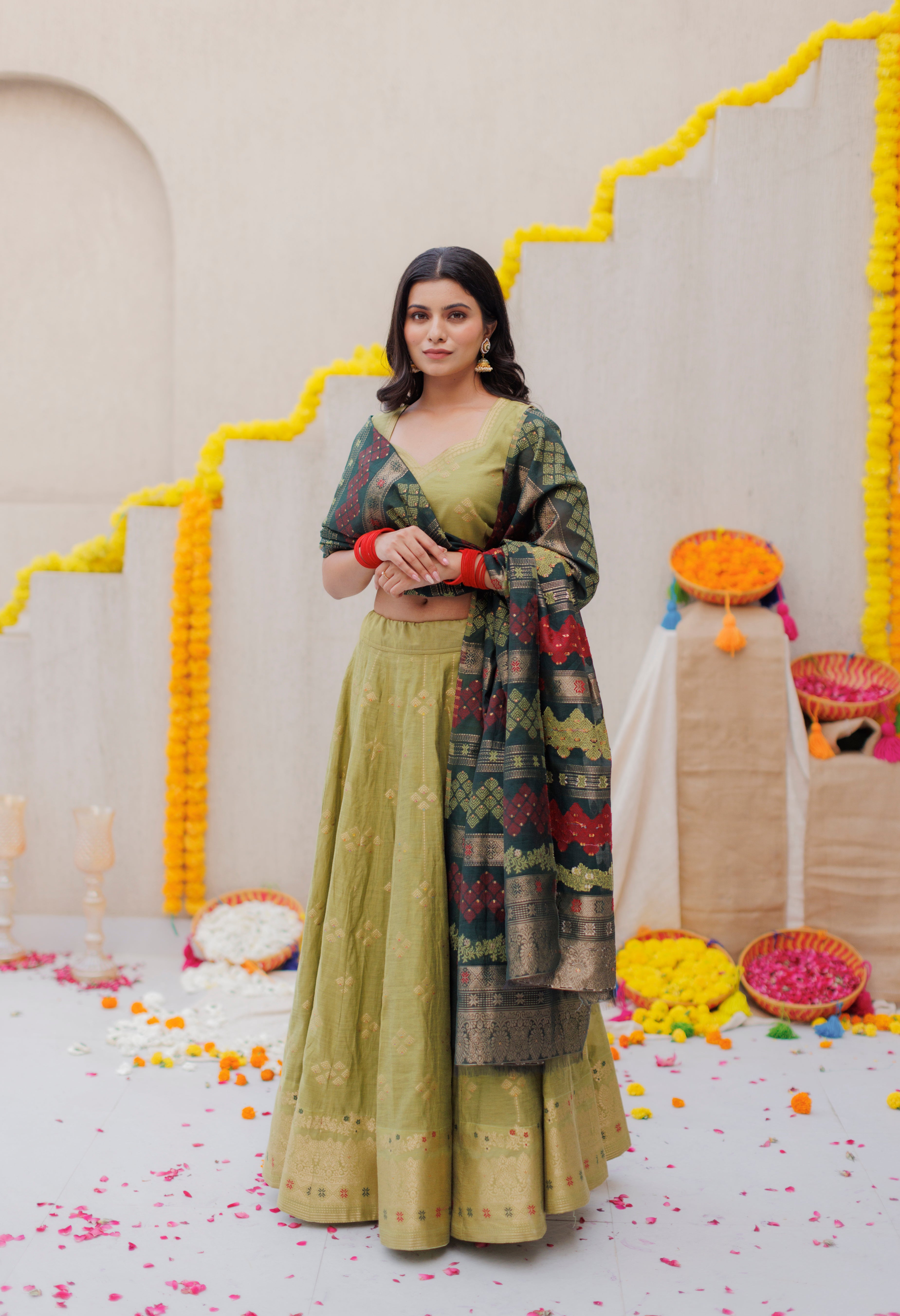 Kidar Olive Color Cotton Silk Lehenga Set