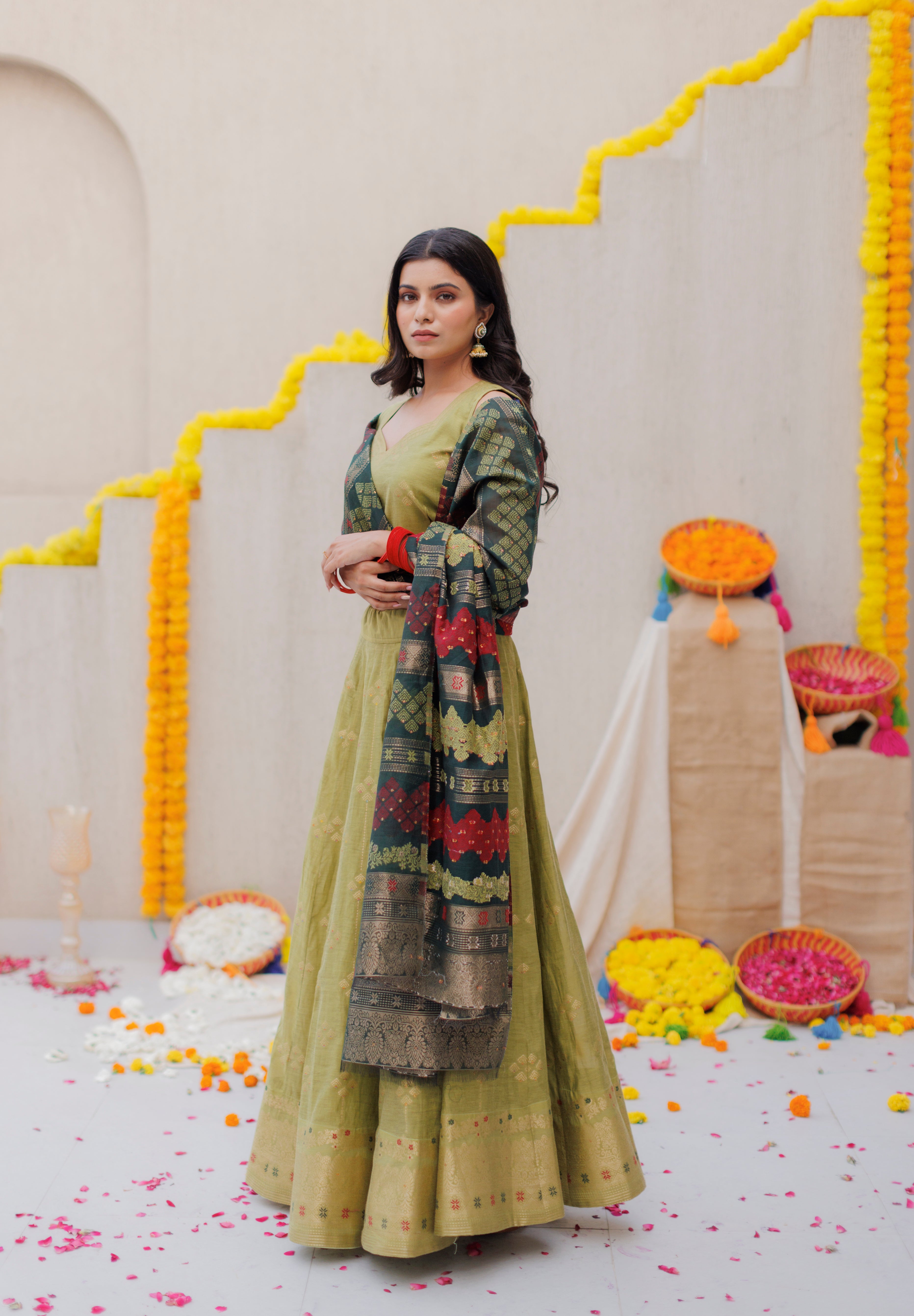 Kidar Olive Color Cotton Silk Lehenga Set