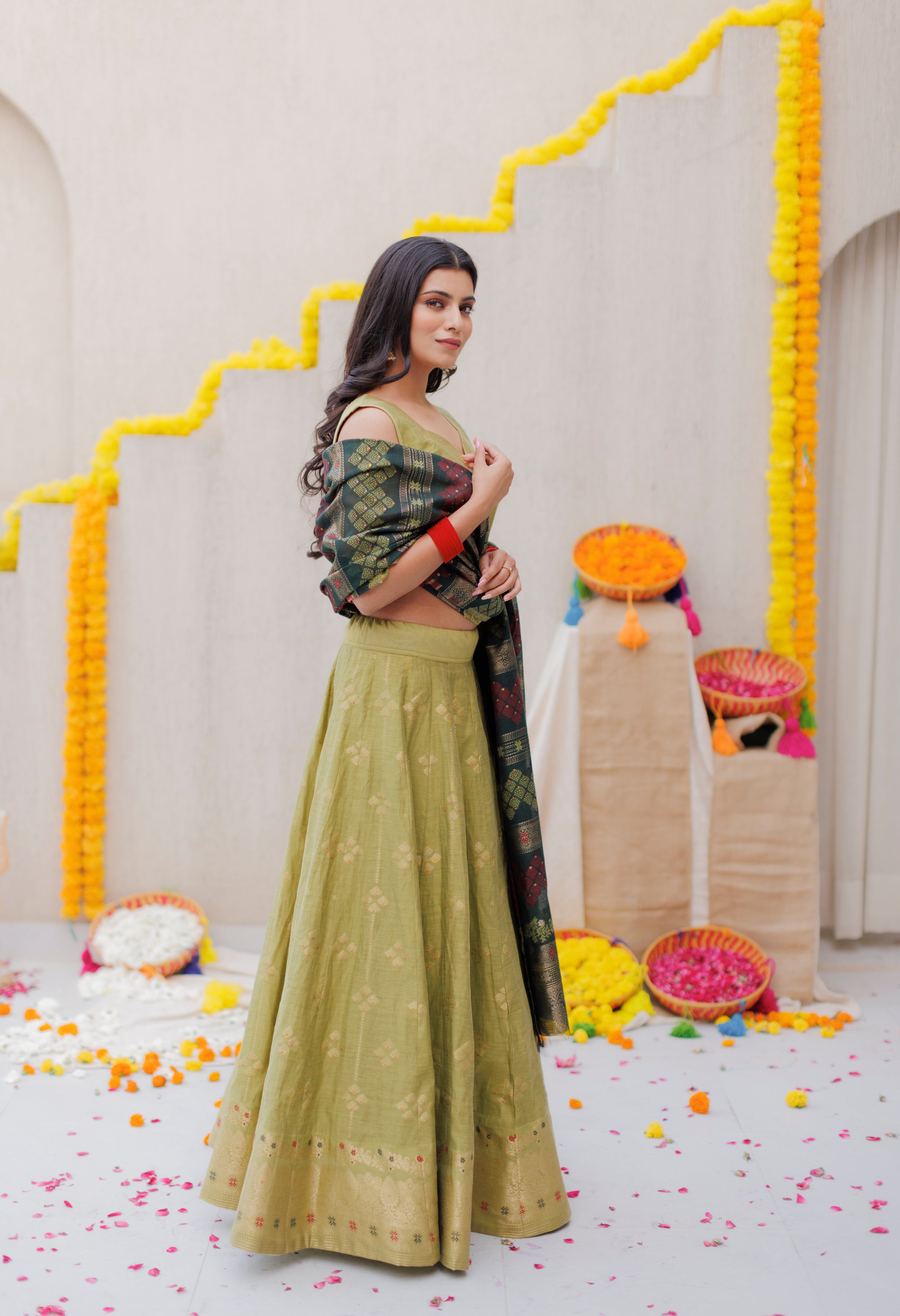 Kidar Olive Color Cotton Silk Lehenga Set