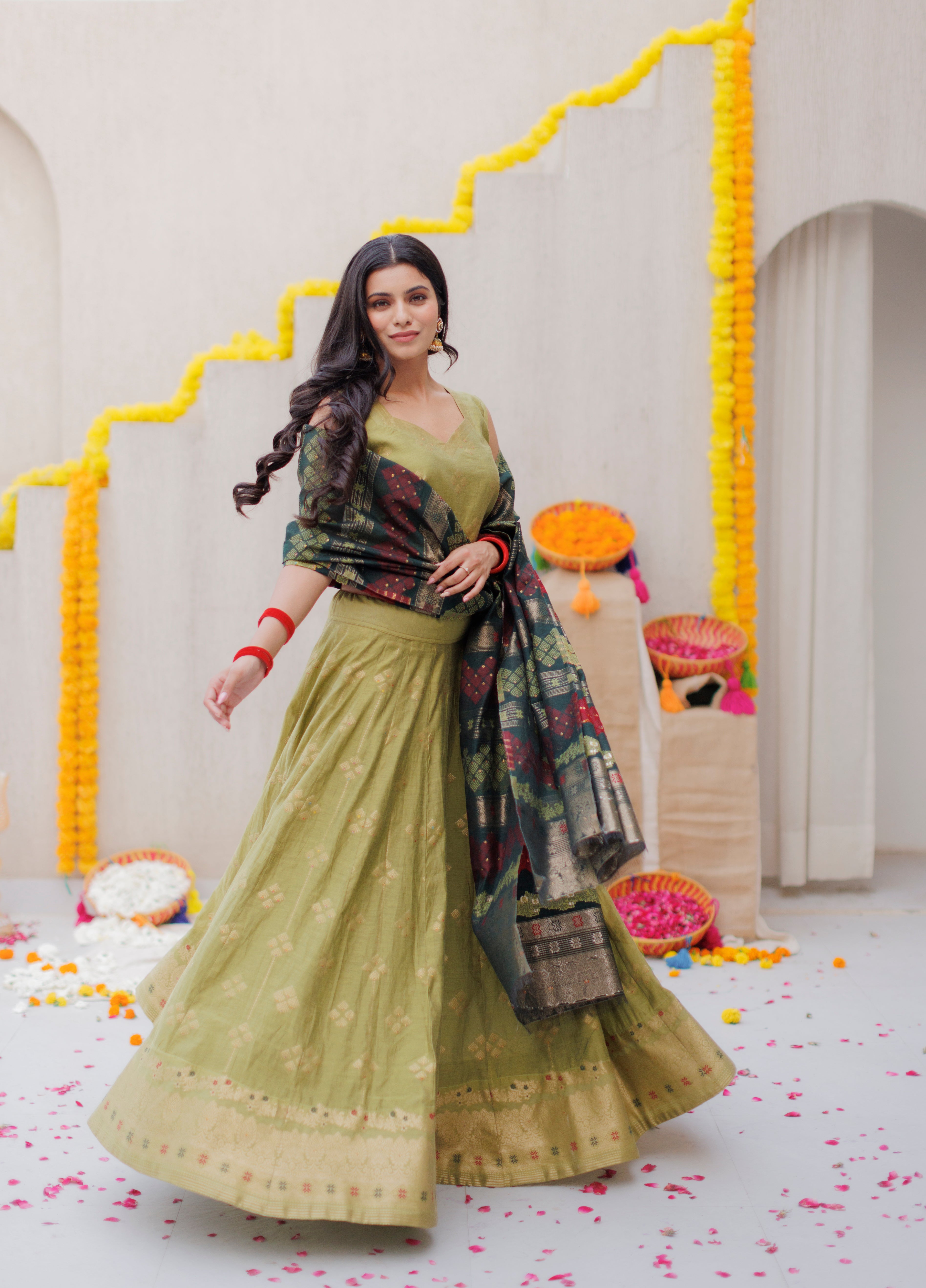 Kidar Olive Color Cotton Silk Lehenga Set