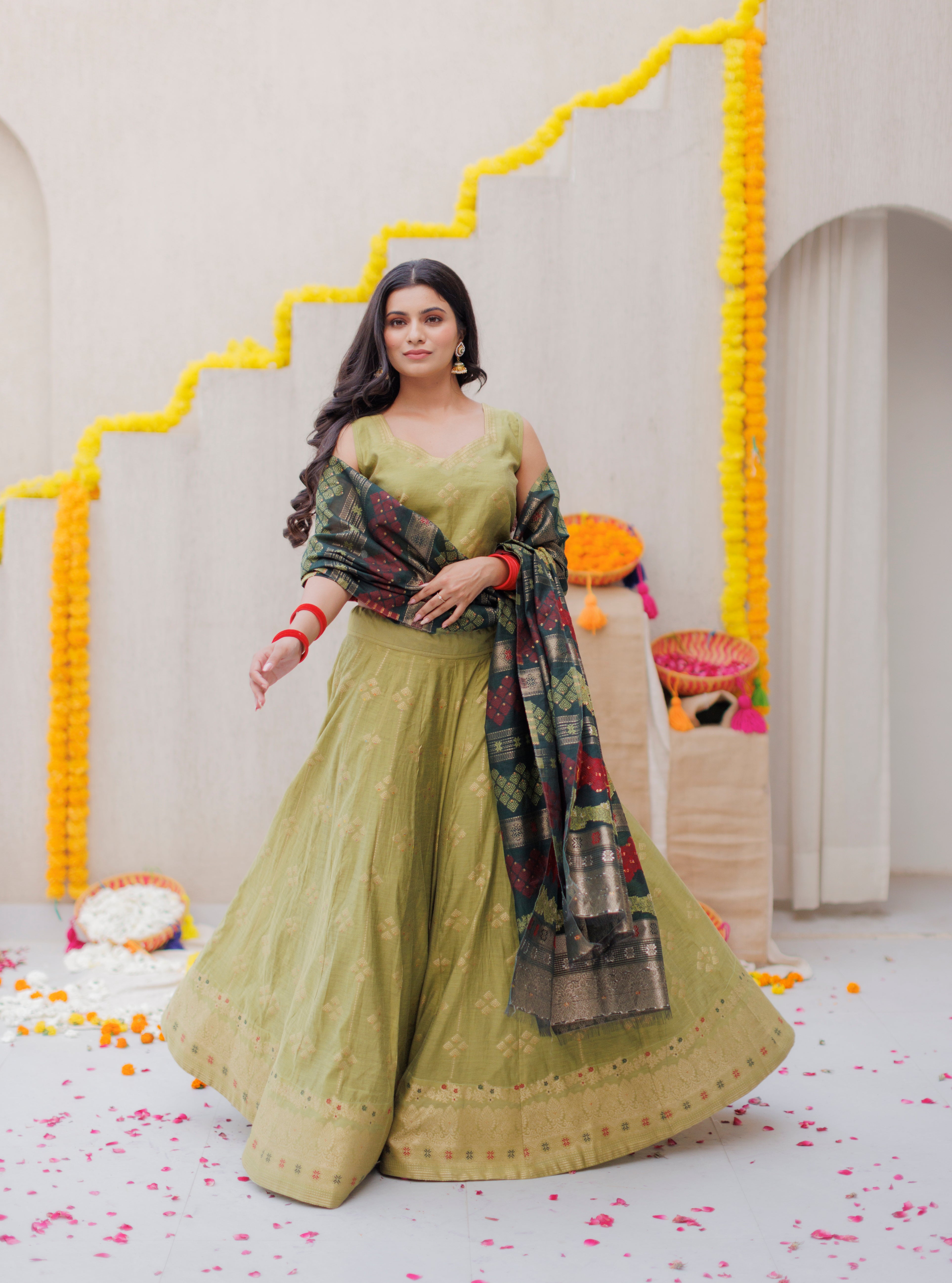 Kidar Olive Color Cotton Silk Lehenga Set