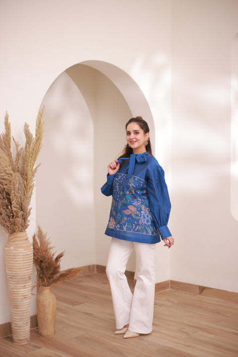 Kidar - Collared Neck Women's Shirt in Printed Cotton Silk