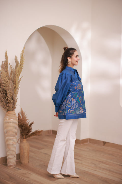 Kidar - Collared Neck Women's Shirt in Printed Cotton Silk