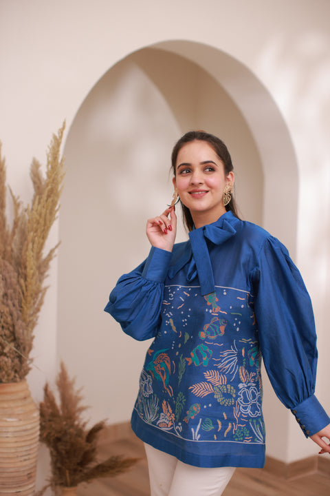 Kidar - Collared Neck Women's Shirt in Printed Cotton Silk