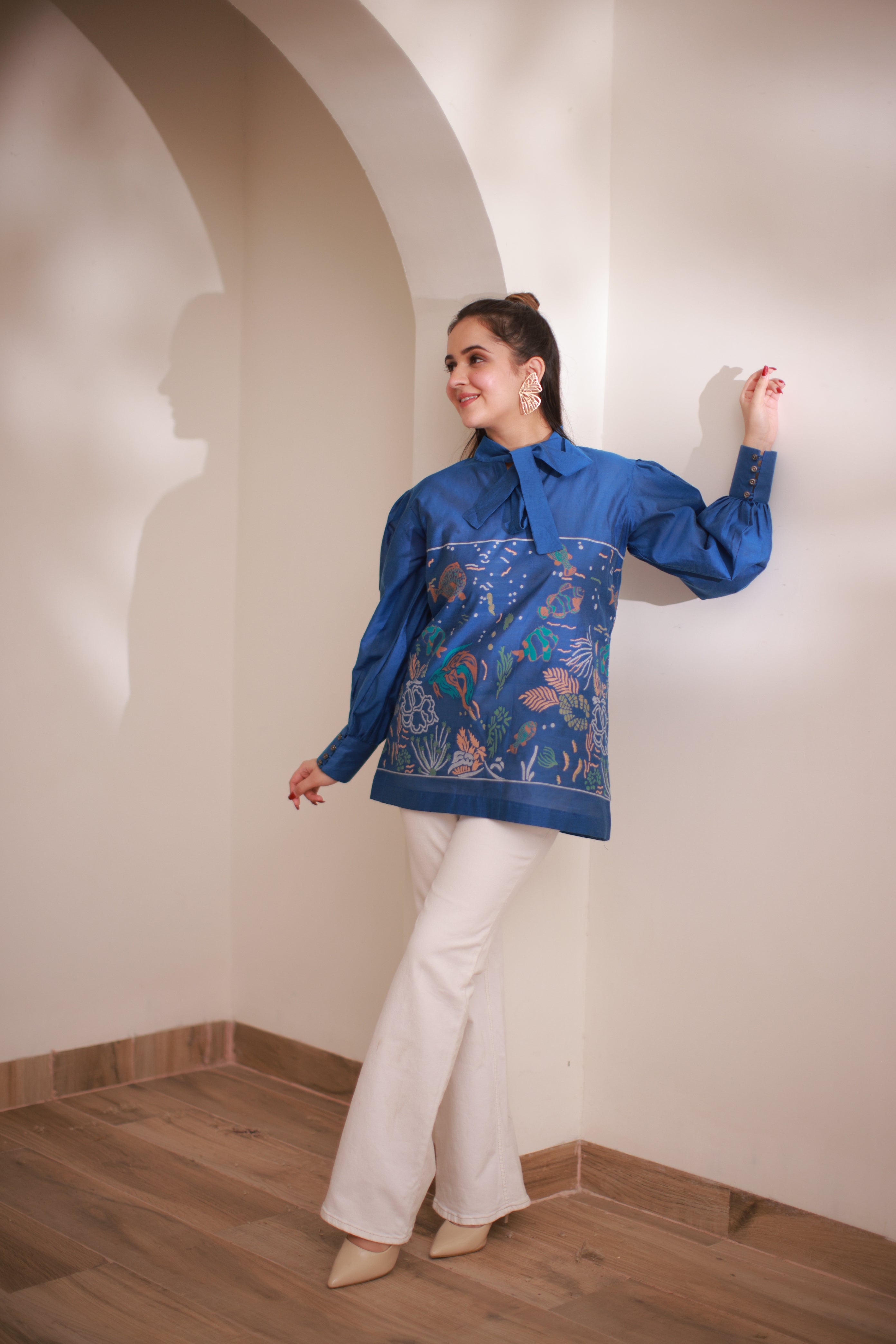 Kidar - Collared Neck Women's Shirt in Printed Cotton Silk