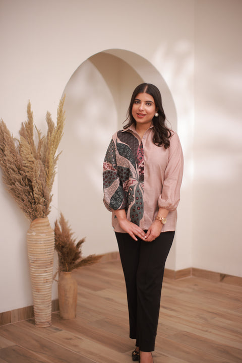 Kidar - Collared Neck Women's Shirt in Printed Cotton Silk
