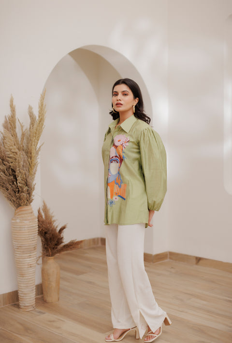 Stylish Collar Neck Ladies' Shirts in Pista Color