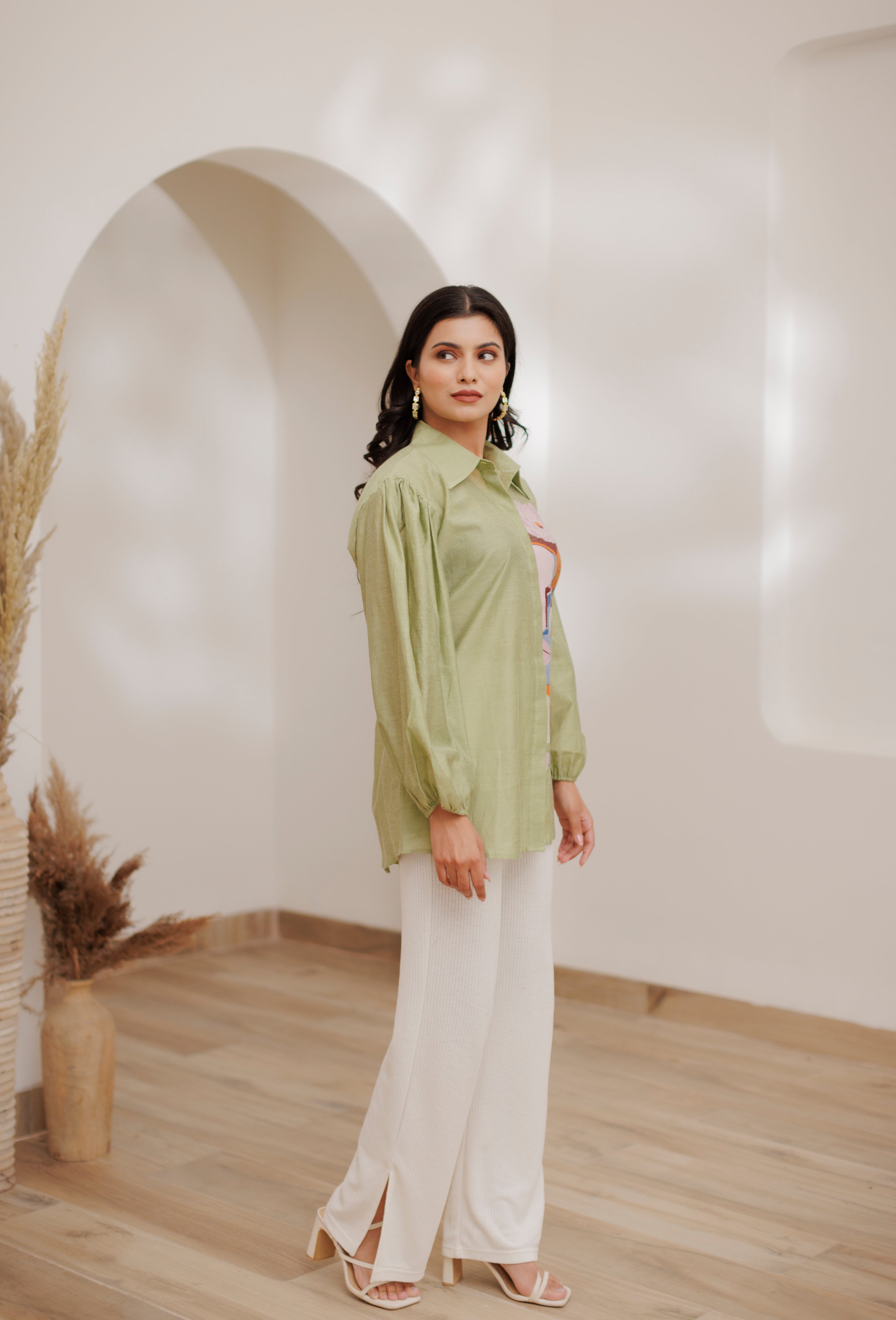 Stylish Collar Neck Ladies' Shirts in Pista Color