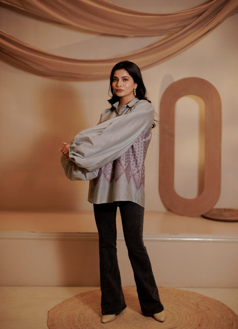 Stylish Collar Neck Ladies' Shirts In Grey Color