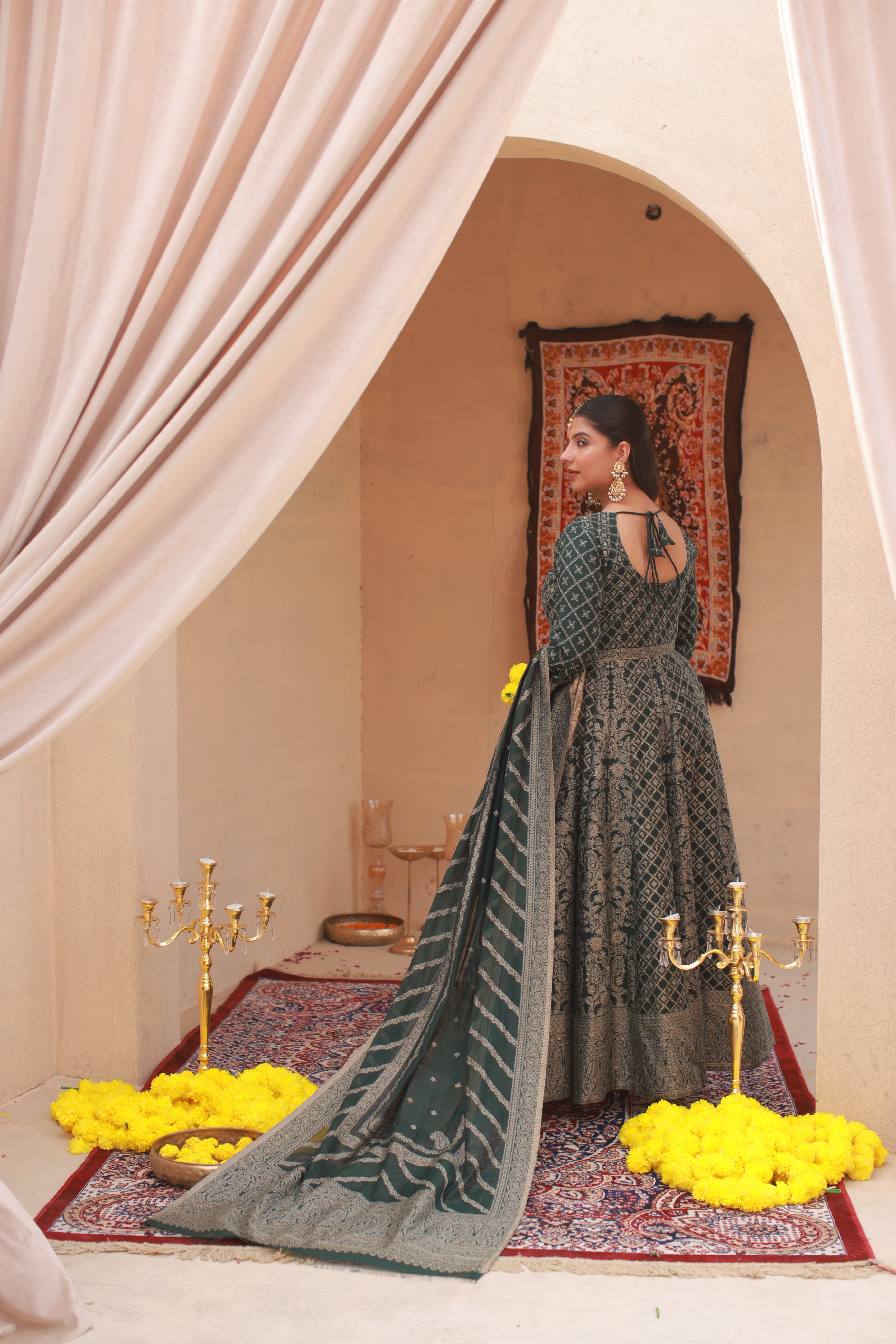 Kidar B. Green Silk Sequin Embellished Anarkali Set