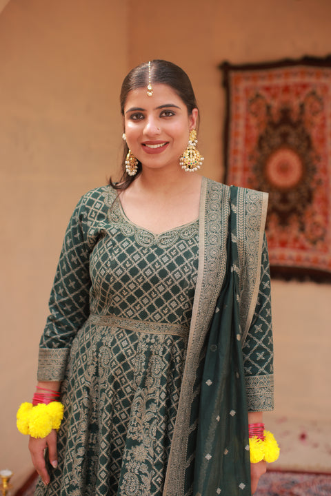 Kidar B. Green Silk Sequin Embellished Anarkali Set