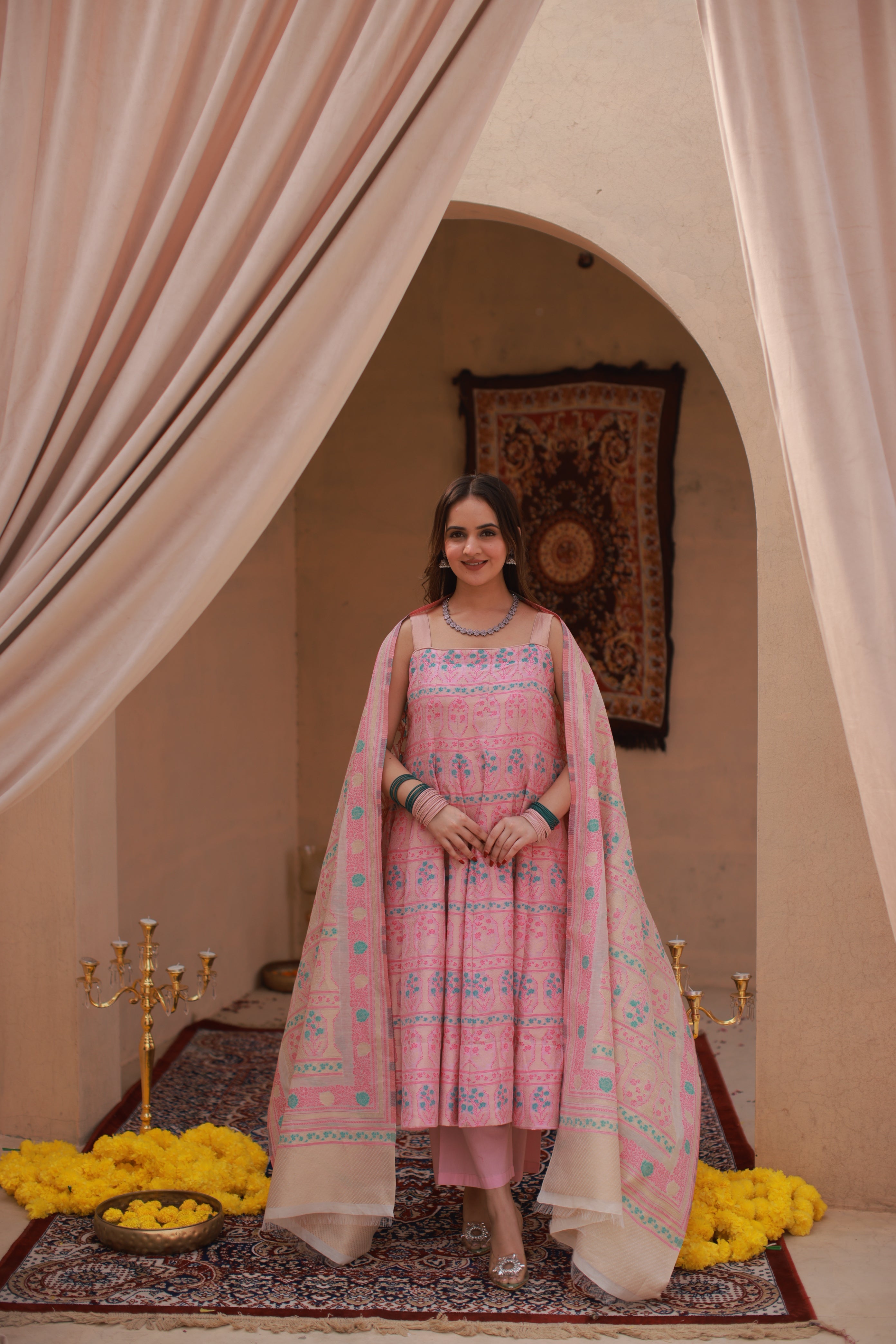 Kidar Pink Silk Sequin Embellished Anarkali Set