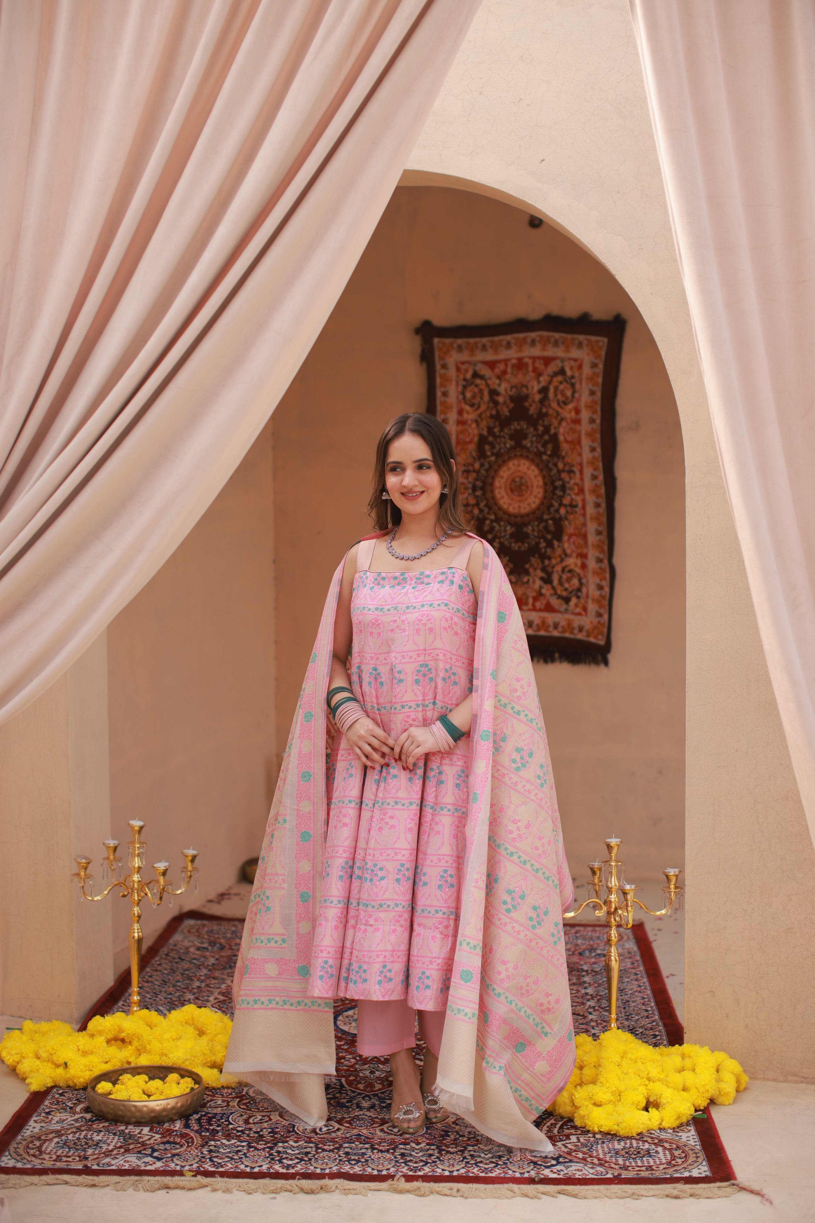 Kidar Pink Silk Sequin Embellished Anarkali Set