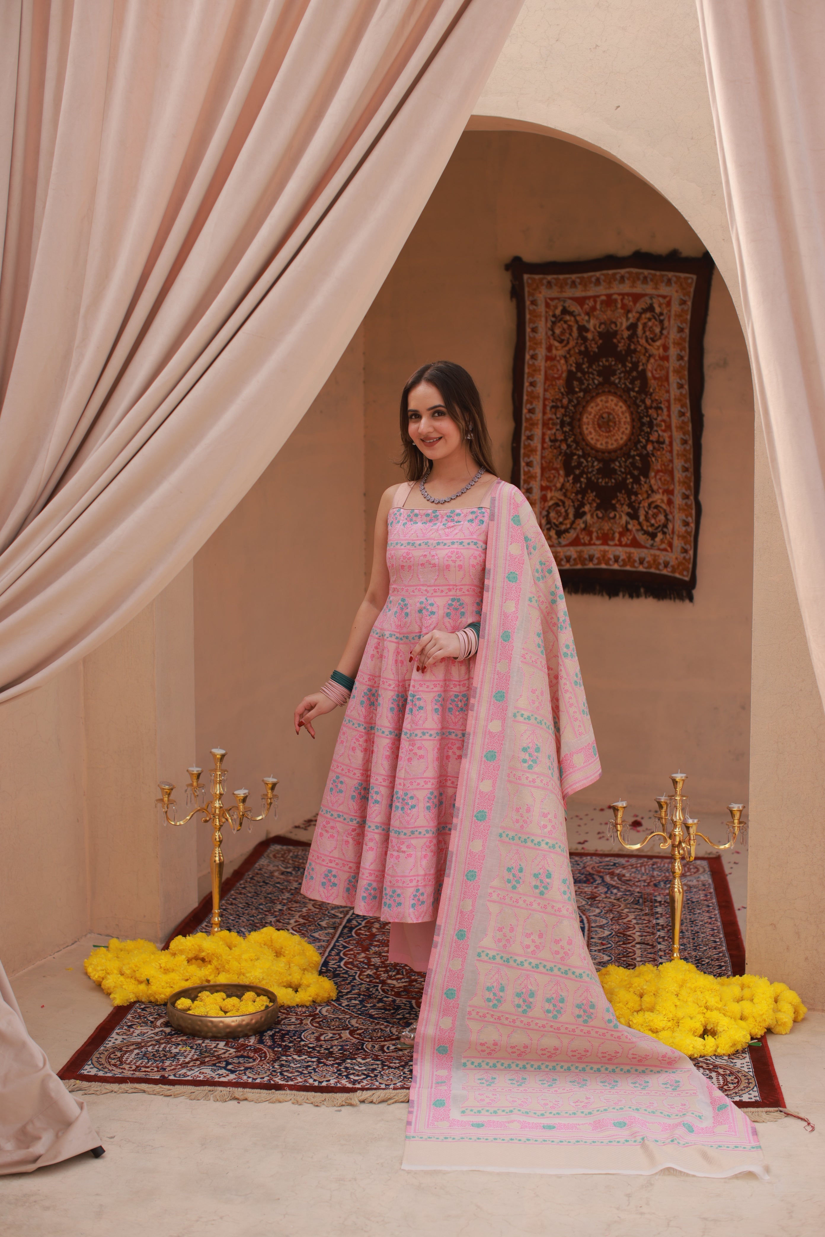 Kidar Pink Silk Sequin Embellished Anarkali Set