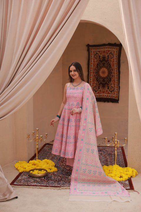 Kidar Pink Silk Sequin Embellished Anarkali Set