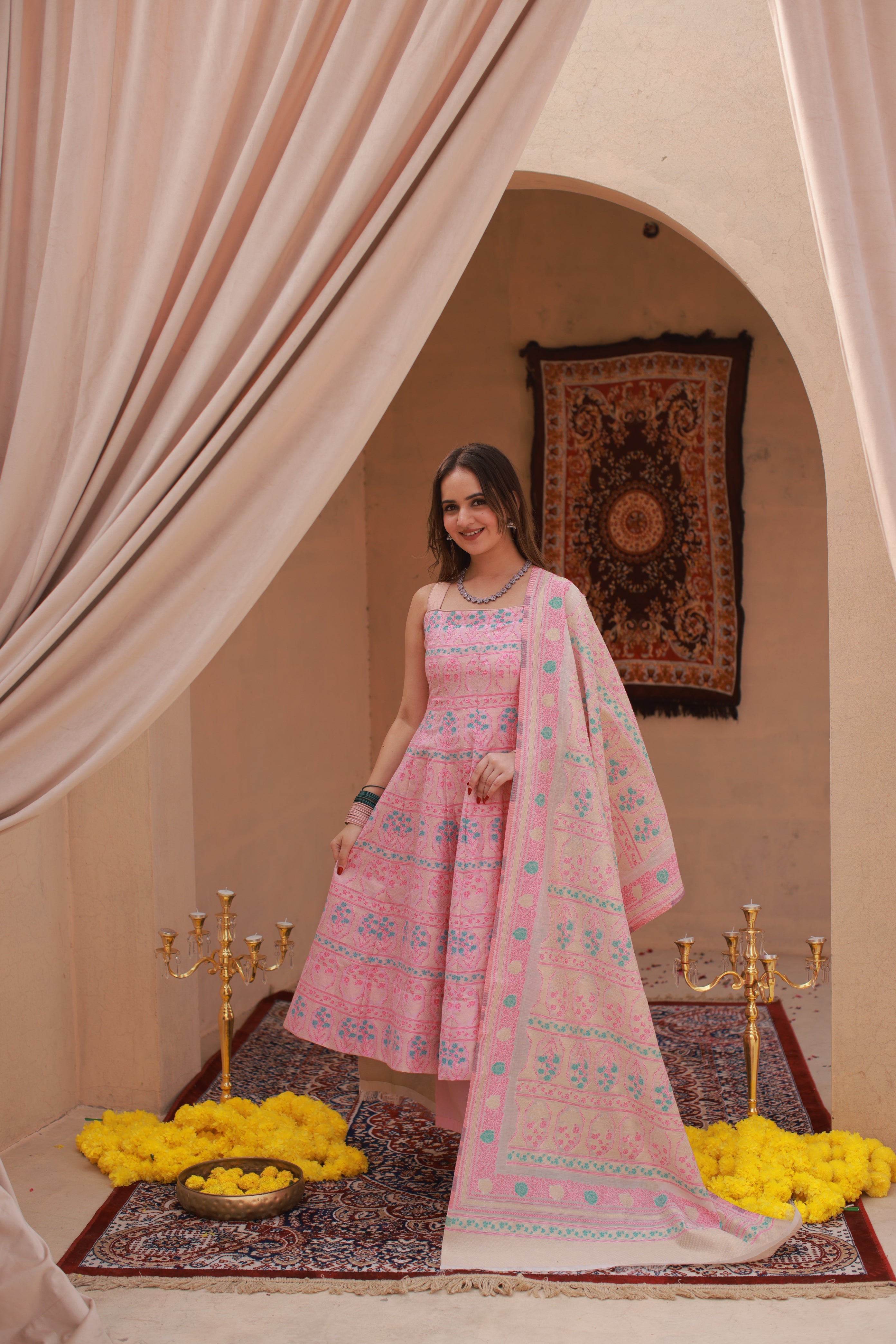 Kidar Pink Silk Sequin Embellished Anarkali Set